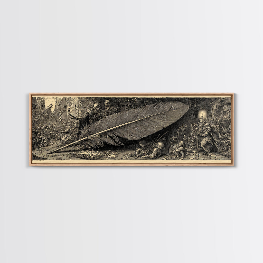 The Raven-Feather Quill, Medieval Grotesque Art, Extra Wide Wall Art, Dark Halloween Decor, Framed Canvas Print, Halloween Wall Art