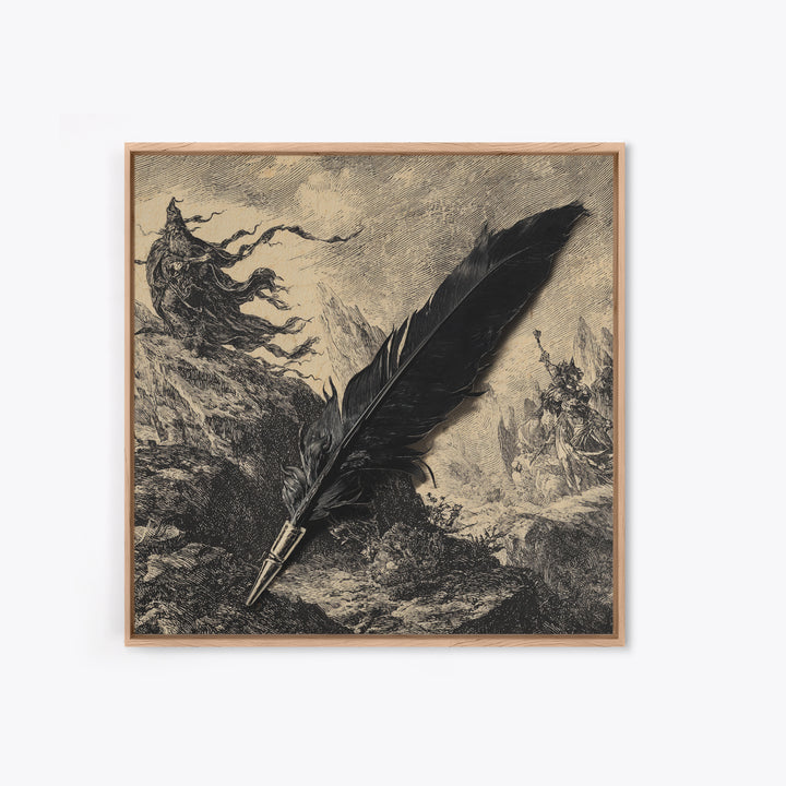 The Raven-Feather Quill, Baroque Witchcraft Art, Square Wall Art, Macabre Wall Art, Framed Canvas Print, Halloween Wall Art