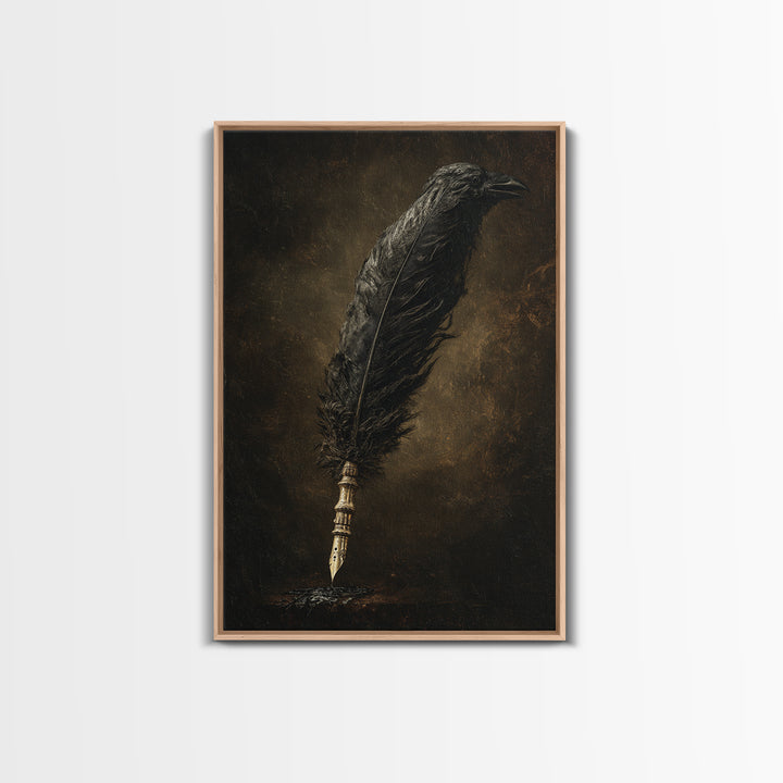 The Raven-Feather Quill, Dark Romantic Horror Art, Vertical Wall Art, Gothic Horror Wall Art, Framed Canvas Print, Halloween Wall Art