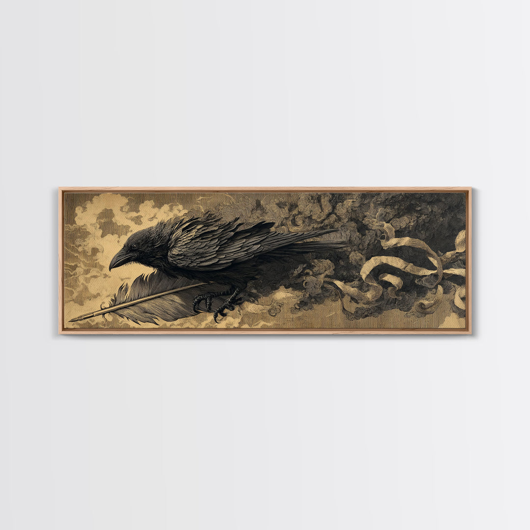 The Raven-Feather Quill, Apocalyptic Romantic Art, Extra Wide Wall Art, Dark Halloween Decor, Framed Canvas Print, Halloween Wall Art