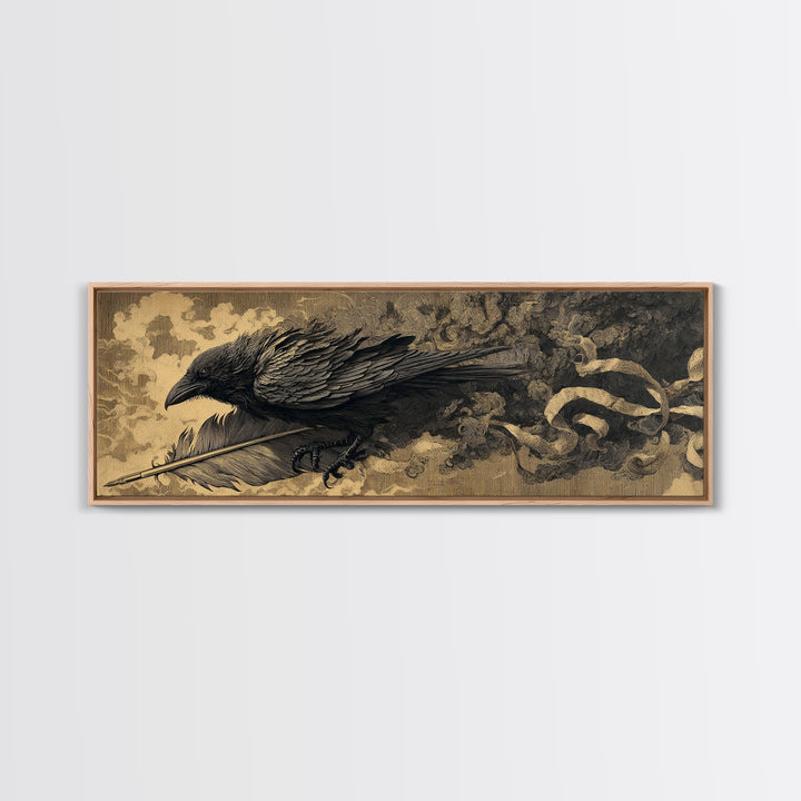 The Raven-Feather Quill, Apocalyptic Romantic Art, Extra Wide Wall Art, Dark Halloween Decor, Framed Canvas Print, Halloween Wall Art