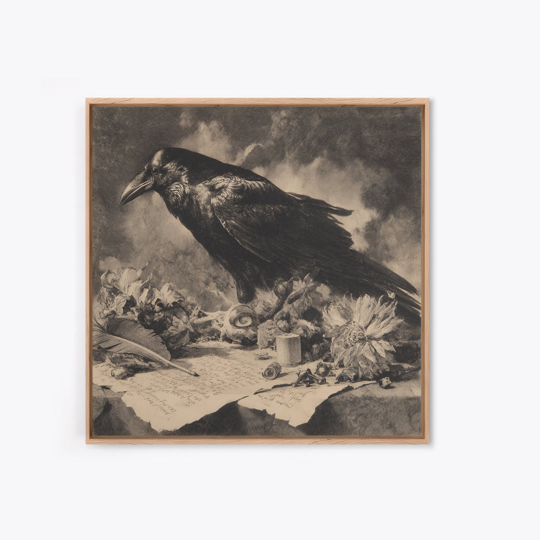 The Raven-Feather Quill, Symbolist Dream Art, Square Wall Art, Dark Halloween Decor, Framed Canvas Print, Halloween Wall Art