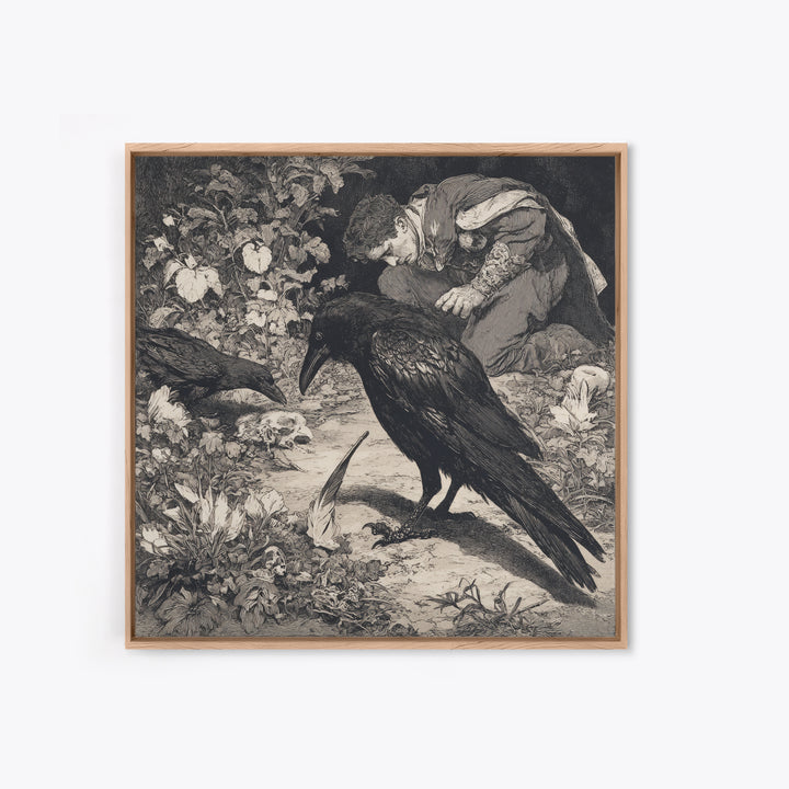 The Raven-Feather Quill, Symbolist Etching Art, Square Wall Art, Gothic Horror Wall Art, Framed Canvas Print, Halloween Wall Art