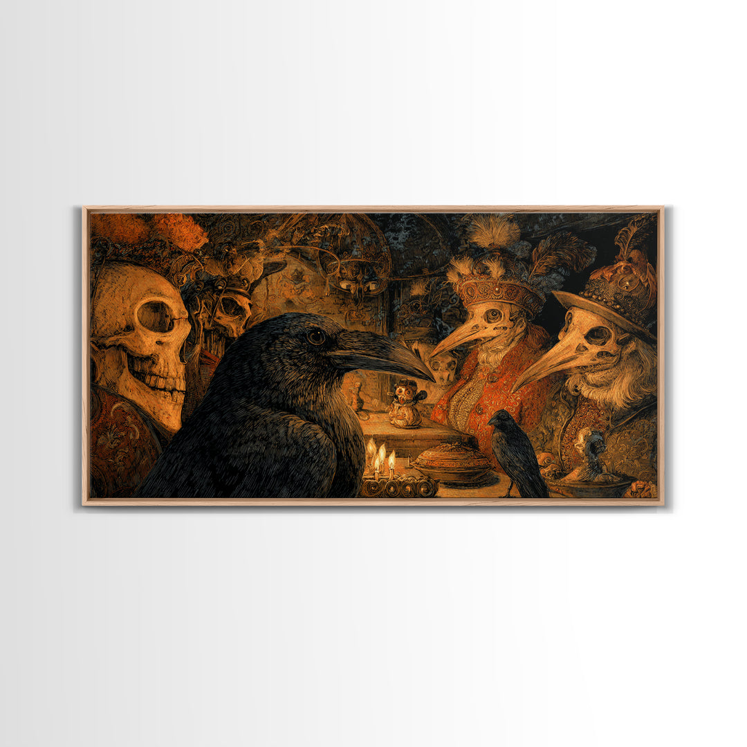 The Raven-Feather Quill, Grotesque Carnival Art, Wide Panoramic Art, Dark Fantasy Wall Art, Framed Canvas Print, Halloween Wall Art