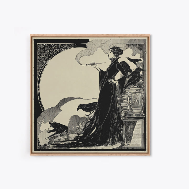 The Raven-Feather Quill, Decadent Line Art, Square Wall Art, Dark Fantasy Wall Art, Framed Canvas Print, Halloween Wall Art