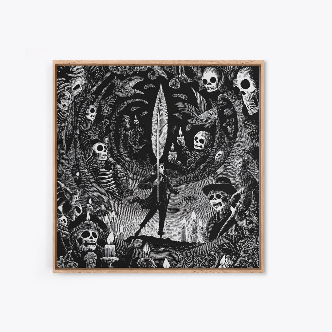 The Raven-Feather Quill, Macabre Folk Print Art, Square Wall Art, Gothic Horror Wall Art, Canvas Print, Halloween Wall Art