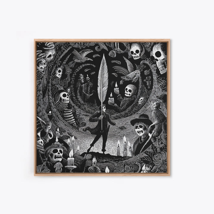 The Raven-Feather Quill, Macabre Folk Print Art, Square Wall Art, Gothic Horror Wall Art, Canvas Print, Halloween Wall Art
