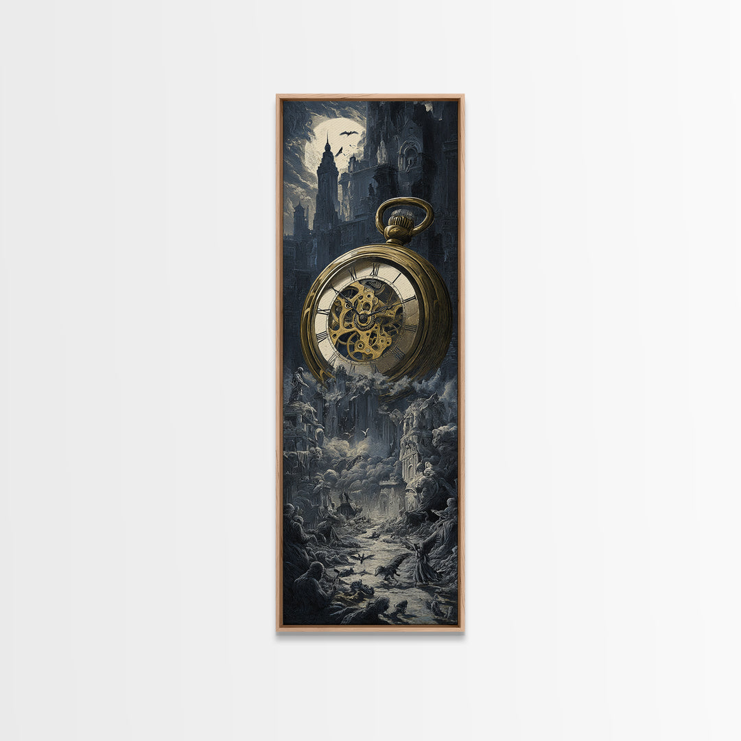 The Cursed Pocket Watch, Gothic Engraving Art, Tall Narrow Wall Art, Dark Halloween Decor, Framed Canvas Print, Halloween Wall Art