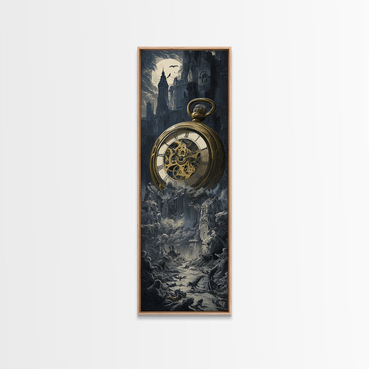 The Cursed Pocket Watch, Gothic Engraving Art, Tall Narrow Wall Art, Dark Halloween Decor, Framed Canvas Print, Halloween Wall Art