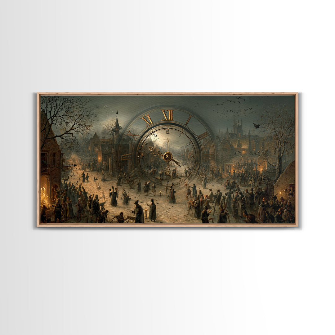 The Cursed Pocket Watch, Northern Renaissance Horror, Wide Panoramic Art, Dark Halloween Decor, Framed Canvas Print
