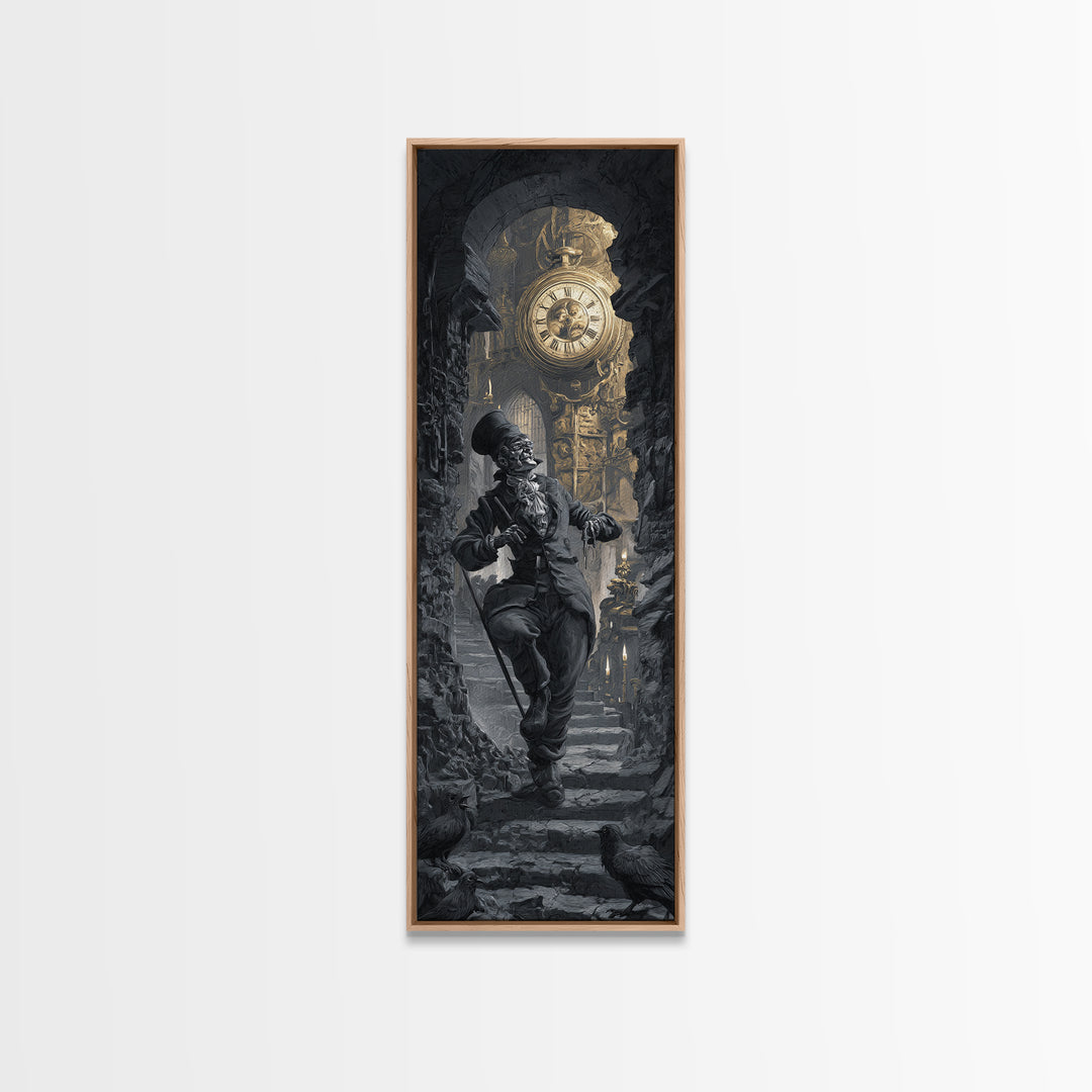 The Cursed Pocket Watch, Architectural Etching Art, Tall Narrow Wall Art, Dark Halloween Decor, Framed Canvas Print
