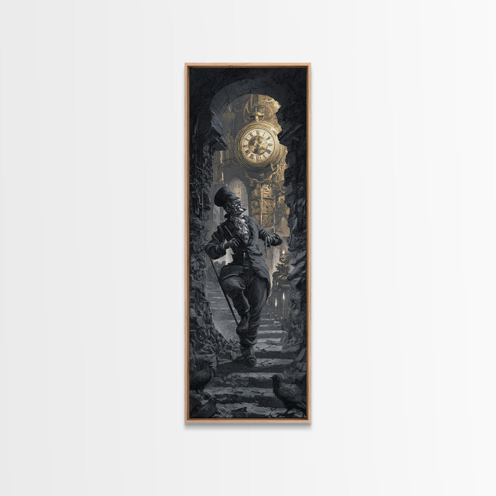 The Cursed Pocket Watch, Architectural Etching Art, Tall Narrow Wall Art, Dark Halloween Decor, Framed Canvas Print