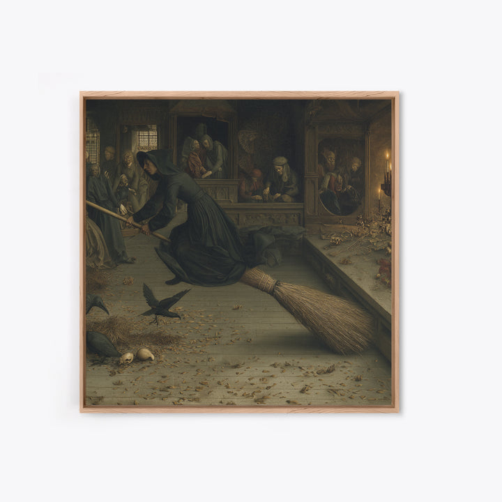 The Witch'S Broom, Danse Macabre Art, Square Wall Art, Dark Halloween Decor, Framed Canvas Print, Halloween Wall Art