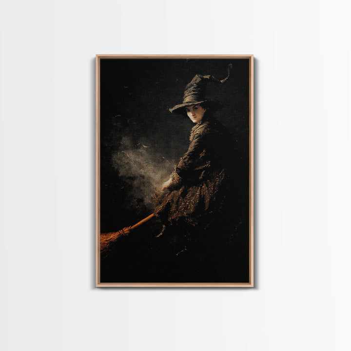 The Witch'S Broom, Dark Romantic Horror Art, Vertical Wall Art, Dark Halloween Decor, Framed Canvas Print, Halloween Wall Art