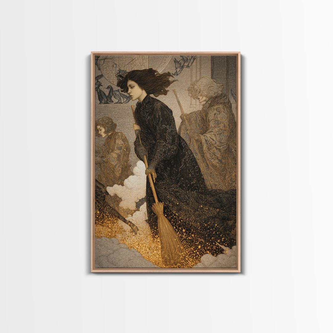 The Witch'S Broom, Symbolist Death Art, Vertical Wall Art, Macabre Wall Art, Framed Canvas Print, Halloween Wall Art