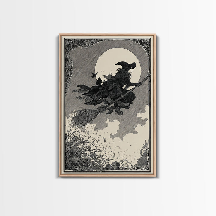 The Witch'S Broom, Decadent Line Art, Vertical Wall Art, Macabre Wall Art, Canvas Print, Halloween Wall Art, Gothic Home Decor