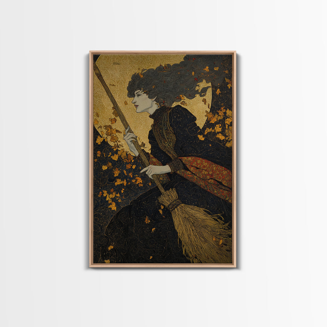 The Witch'S Broom, Stained Glass Gothic Art, Vertical Wall Art, Macabre Wall Art, Framed Canvas Print, Halloween Wall Art