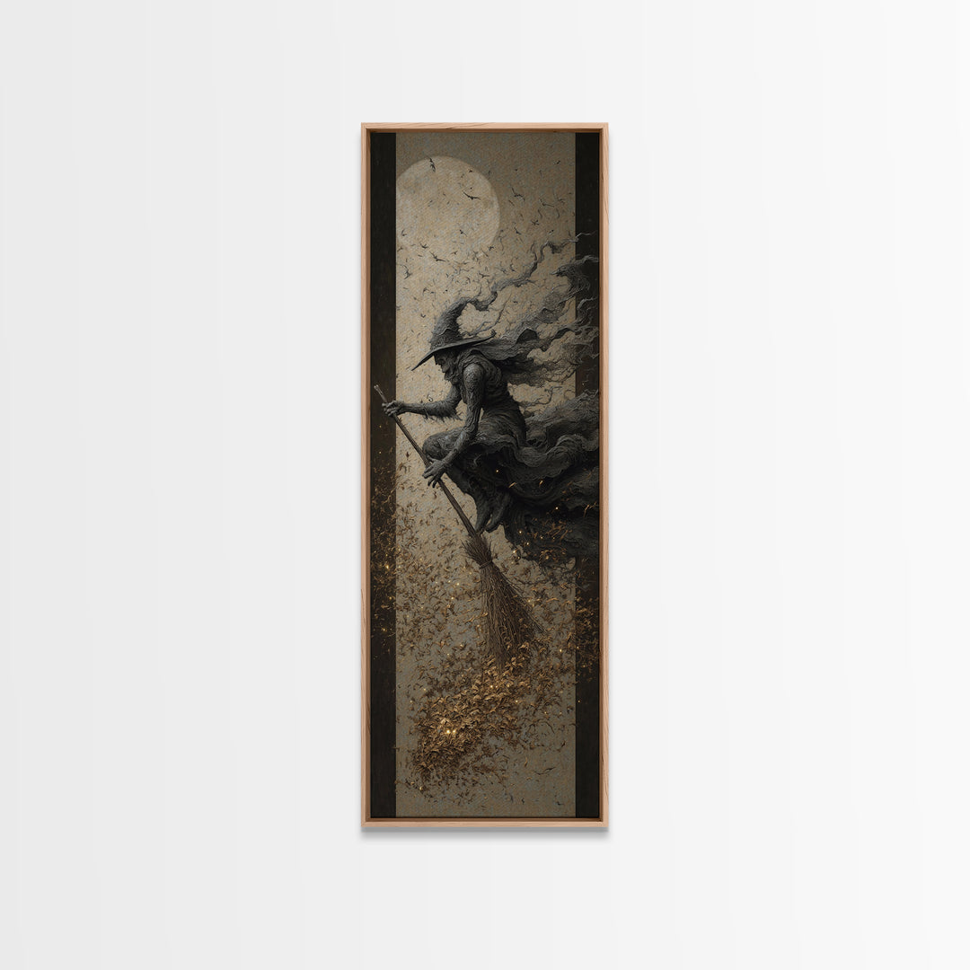 The Witch'S Broom, Surreal Apocalyptic Art, Tall Narrow Wall Art, Dark Halloween Decor, Framed Canvas Print, Halloween Wall Art