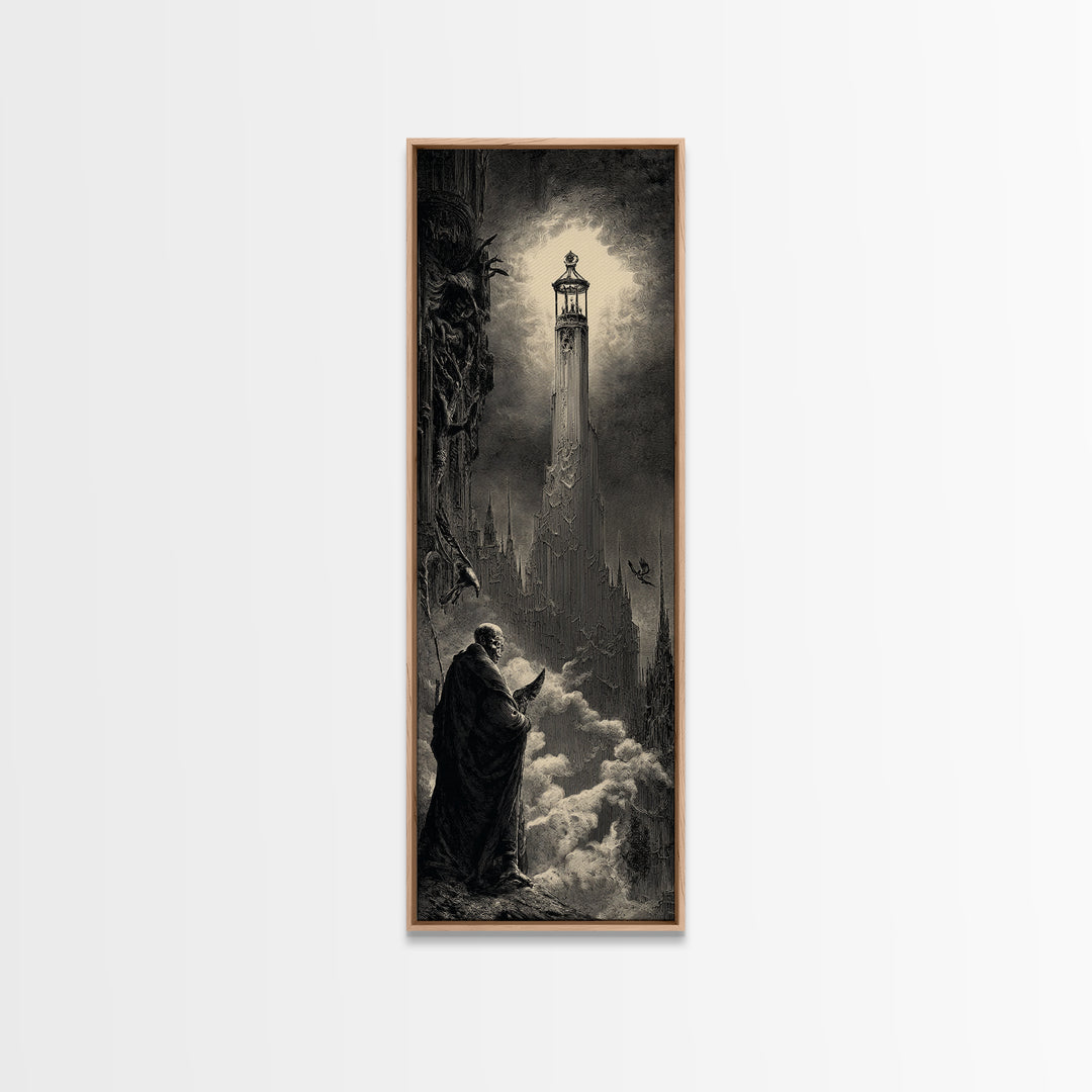 The Bone-Handled Lantern, Gothic Engraving Art, Tall Narrow Wall Art, Dark Halloween Decor, Framed Canvas Print, Halloween Wall Art