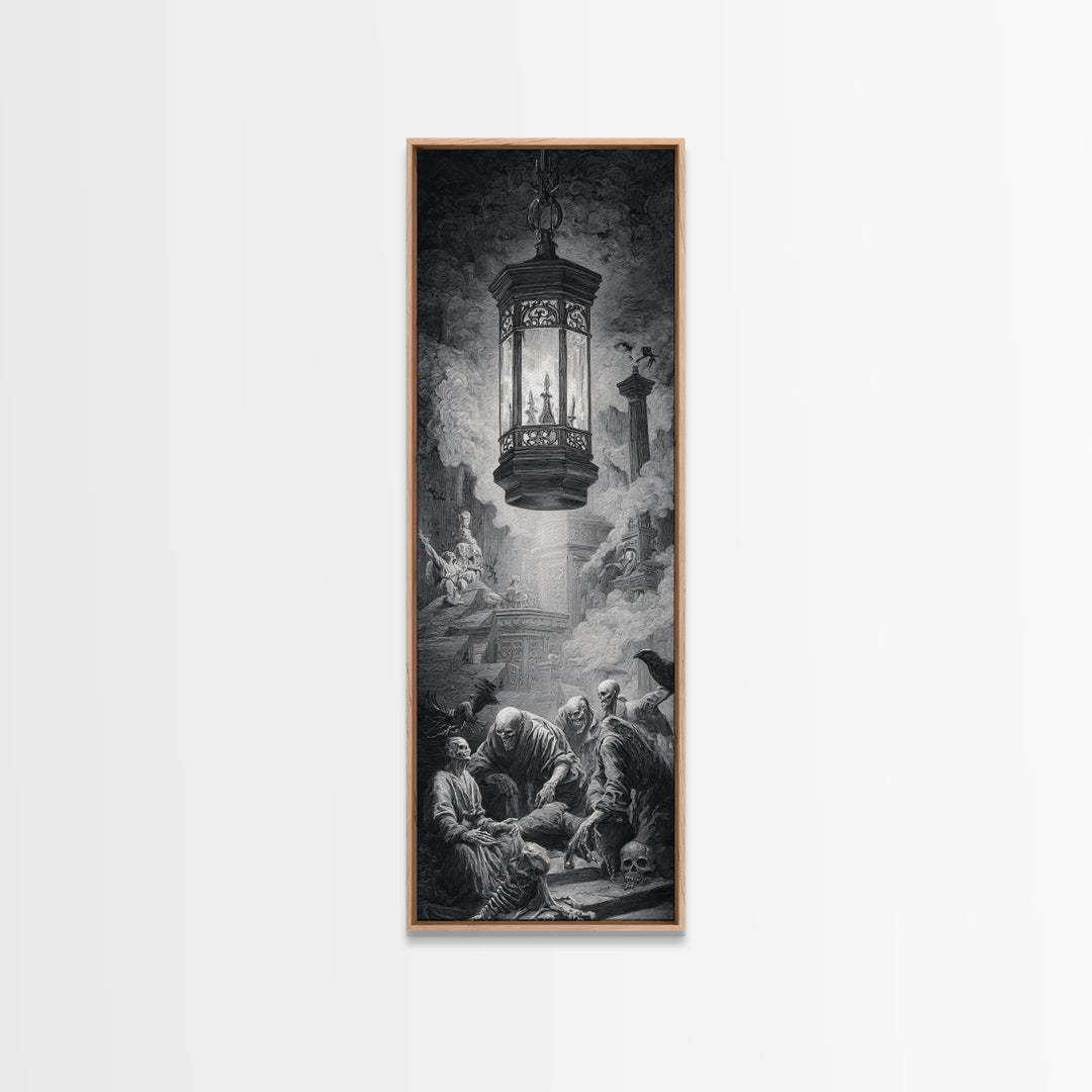 The Bone-Handled Lantern, Architectural Etching Art, Tall Narrow Wall Art, Dark Fantasy Wall Art, Framed Canvas Print