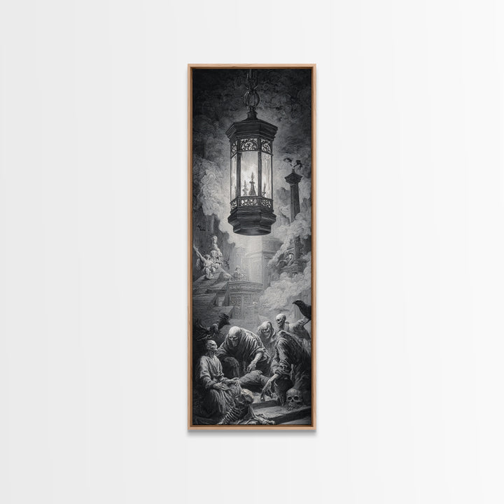 The Bone-Handled Lantern, Architectural Etching Art, Tall Narrow Wall Art, Dark Fantasy Wall Art, Framed Canvas Print