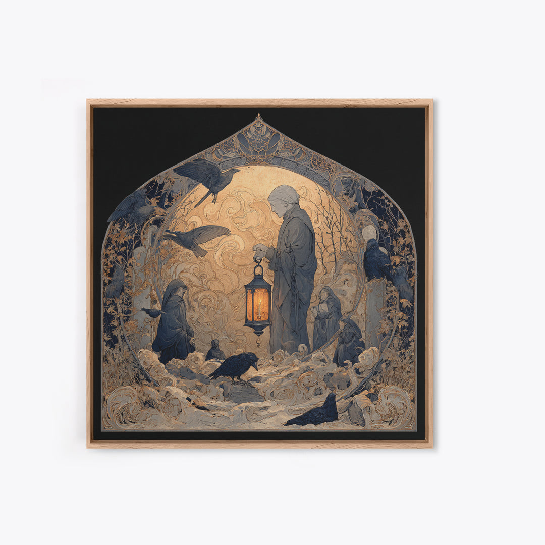 The Bone-Handled Lantern, Symbolist Death Art, Square Wall Art, Dark Halloween Decor, Framed Canvas Print, Halloween Wall Art