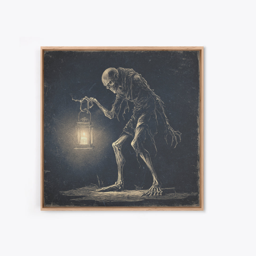 The Bone-Handled Lantern, Expressionist Nightmare Art, Square Wall Art, Dark Fantasy Wall Art, Framed Canvas Print, Halloween Wall Art