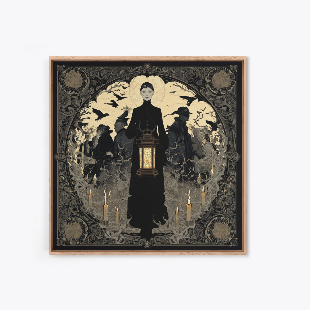 The Bone-Handled Lantern, Decadent Line Art, Square Wall Art, Gothic Horror Wall Art, Framed Canvas Print, Halloween Wall Art