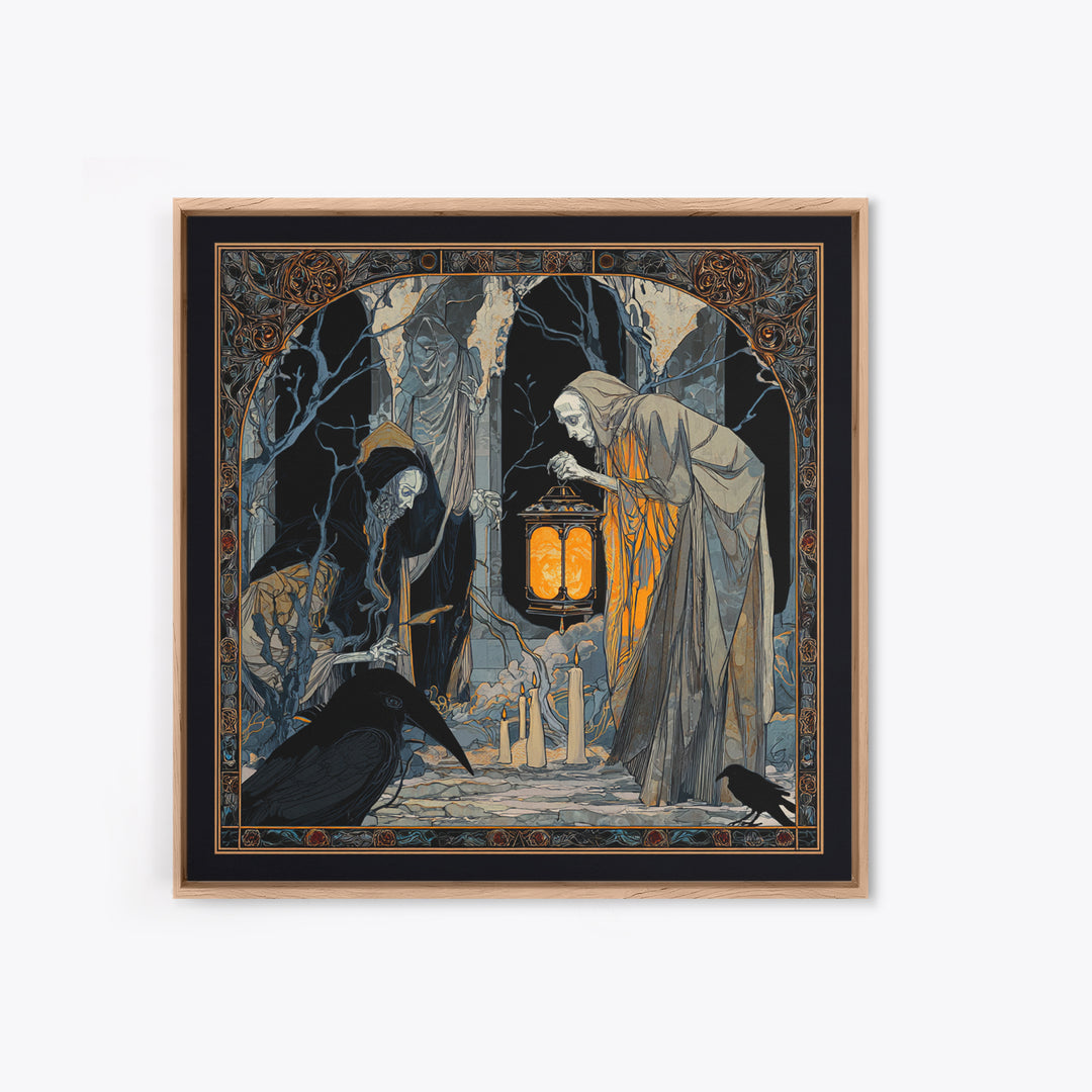 The Bone-Handled Lantern, Stained Glass Gothic Art, Square Wall Art, Gothic Horror Wall Art, Framed Canvas Print, Halloween Wall Art