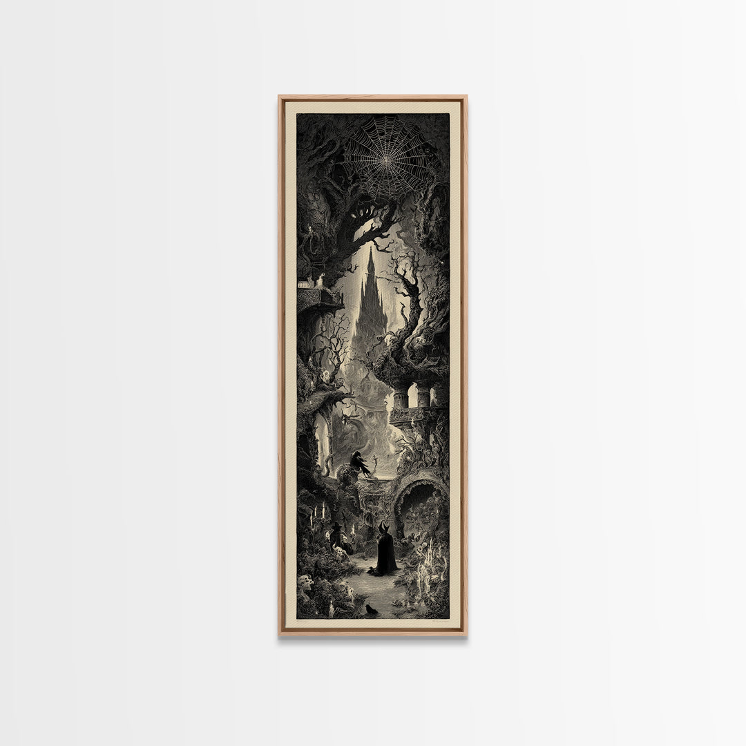 The Spiderweb Crown, Gothic Engraving Art, Tall Narrow Wall Art, Dark Fantasy Wall Art, Framed Canvas Print, Halloween Wall Art