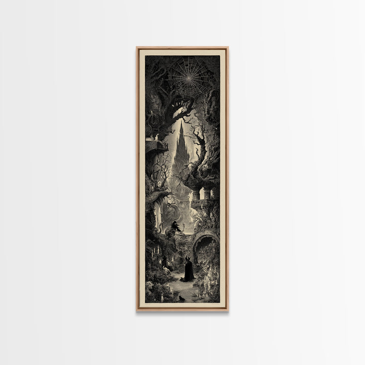 The Spiderweb Crown, Gothic Engraving Art, Tall Narrow Wall Art, Dark Fantasy Wall Art, Framed Canvas Print, Halloween Wall Art