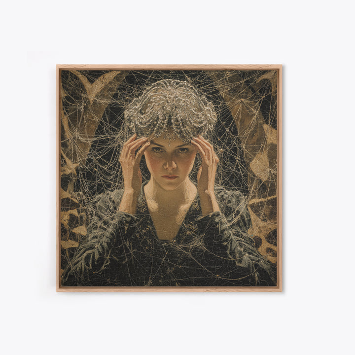The Spiderweb Crown, Dark Symbolist Art, Square Wall Art, Dark Halloween Decor, Framed Canvas Print, Halloween Wall Art