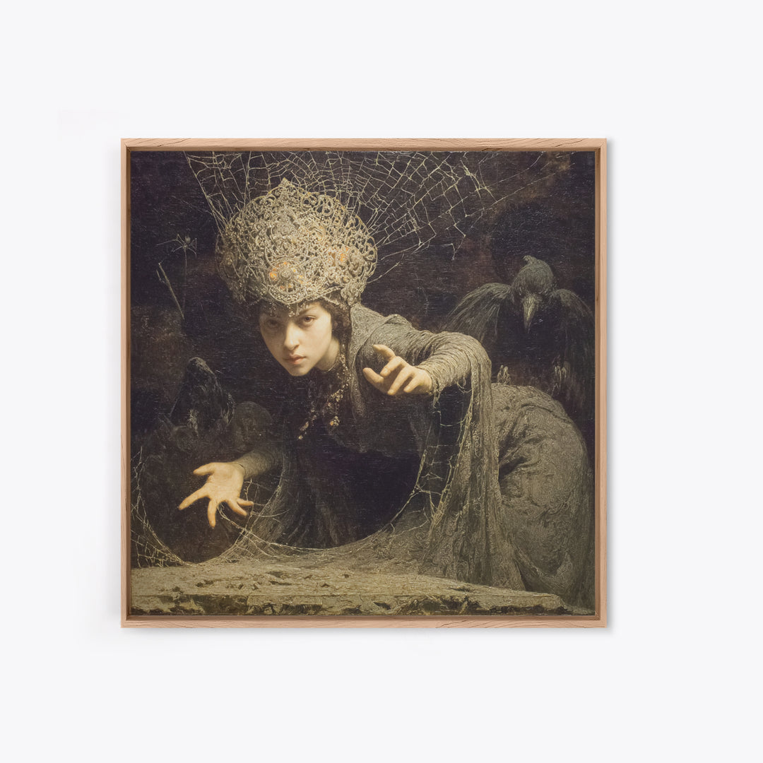 The Spiderweb Crown, Symbolist Etching Art, Square Wall Art, Dark Fantasy Wall Art, Canvas Print, Halloween Wall Art