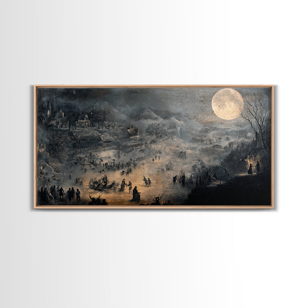 The Moonstone Amulet, Northern Renaissance Horror, Wide Panoramic Art, Dark Halloween Decor, Framed Canvas Print