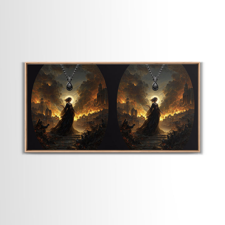 The Moonstone Amulet, Apocalyptic Romantic Art, Wide Panoramic Art, Dark Fantasy Wall Art, Framed Canvas Print, Halloween Wall Art