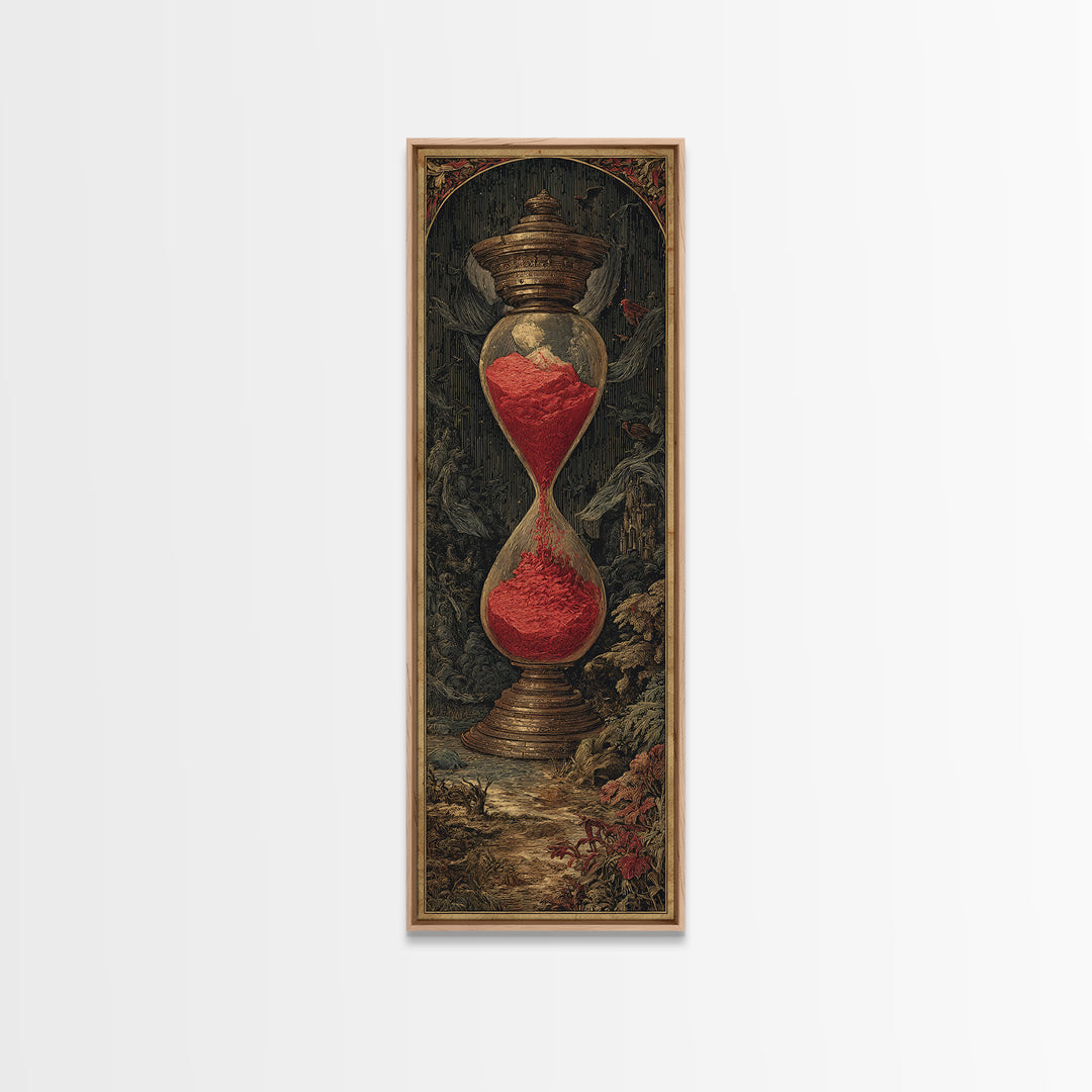 The Crimson Hourglass, Gothic Engraving Art, Tall Narrow Wall Art, Dark Halloween Decor, Framed Canvas Print, Halloween Wall Art