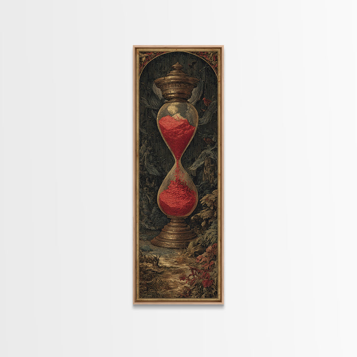 The Crimson Hourglass, Gothic Engraving Art, Tall Narrow Wall Art, Dark Halloween Decor, Framed Canvas Print, Halloween Wall Art