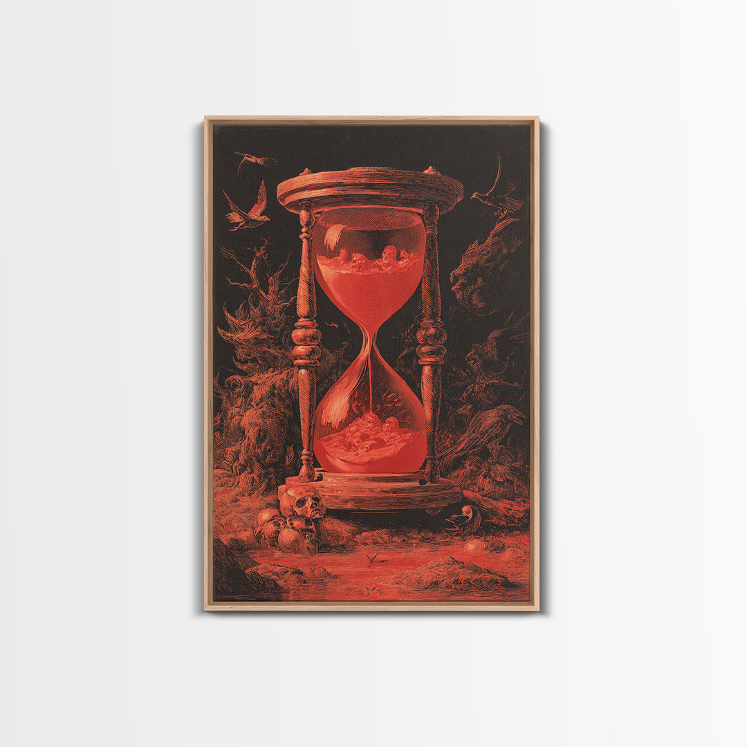 The Crimson Hourglass, Dark Romantic Horror Art, Vertical Wall Art, Dark Halloween Decor, Framed Canvas Print, Halloween Wall Art