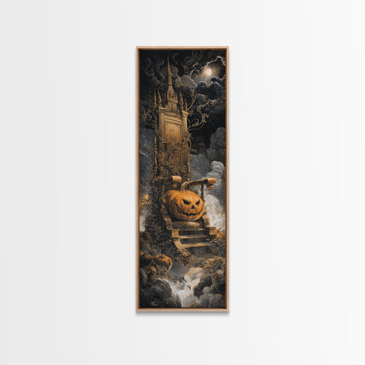 The Jack-O'-Lantern Throne, Gothic Engraving Art, Tall Narrow Wall Art, Dark Halloween Decor, Framed Canvas Print, Halloween Wall Art