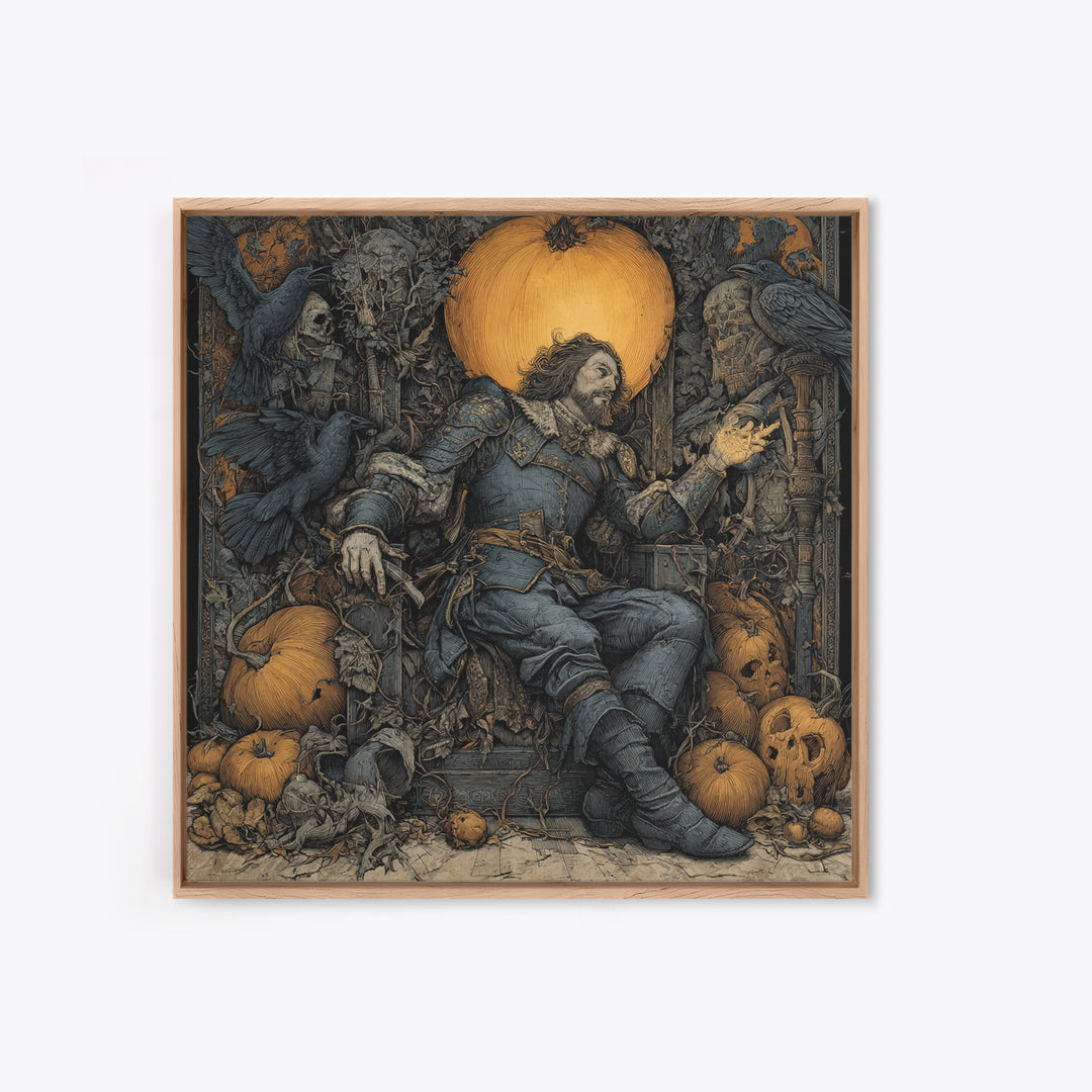 The Jack-O'-Lantern Throne, Renaissance Engraving Art, Square Wall Art, Dark Halloween Decor, Framed Canvas Print, Halloween Wall Art