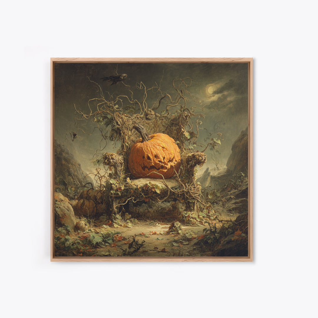 The Jack-O'-Lantern Throne, Baroque Witchcraft Art, Square Wall Art, Dark Halloween Decor, Framed Canvas Print, Halloween Wall Art