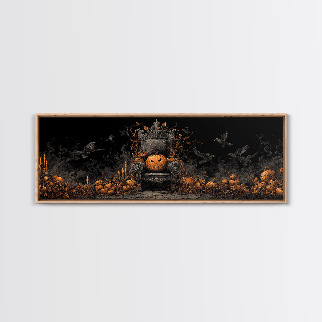 The Jack-O'-Lantern Throne, Dark Romantic Horror Art, Extra Wide Wall Art, Macabre Wall Art, Framed Canvas Print, Halloween Wall Art