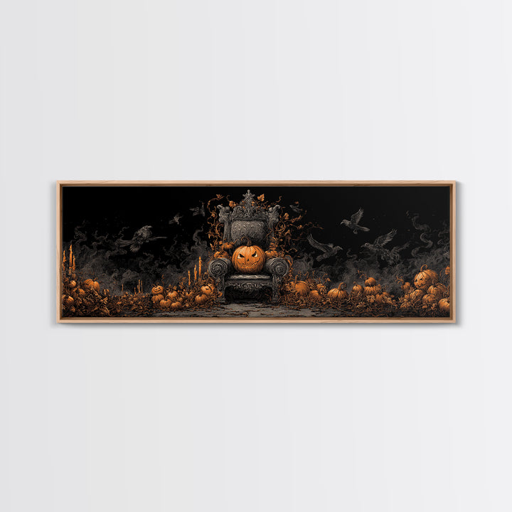 The Jack-O'-Lantern Throne, Dark Romantic Horror Art, Extra Wide Wall Art, Macabre Wall Art, Framed Canvas Print, Halloween Wall Art