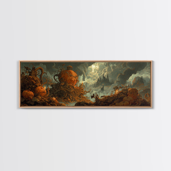 The Jack-O'-Lantern Throne, Apocalyptic Romantic Art, Extra Wide Wall Art, Macabre Wall Art, Framed Canvas Print, Halloween Wall Art