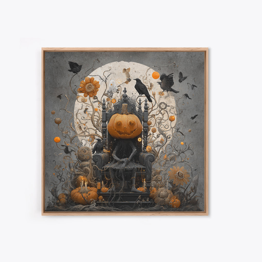 The Jack-O'-Lantern Throne, Symbolist Dream Art, Square Wall Art, Dark Fantasy Wall Art, Framed Canvas Print, Halloween Wall Art