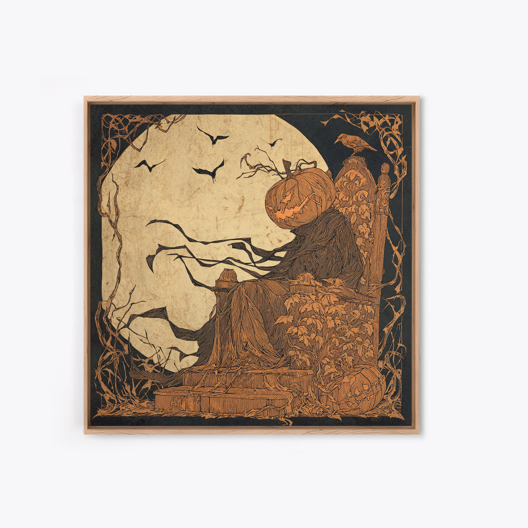 The Jack-O'-Lantern Throne, Decadent Line Art, Square Wall Art, Dark Halloween Decor, Framed Canvas Print, Halloween Wall Art