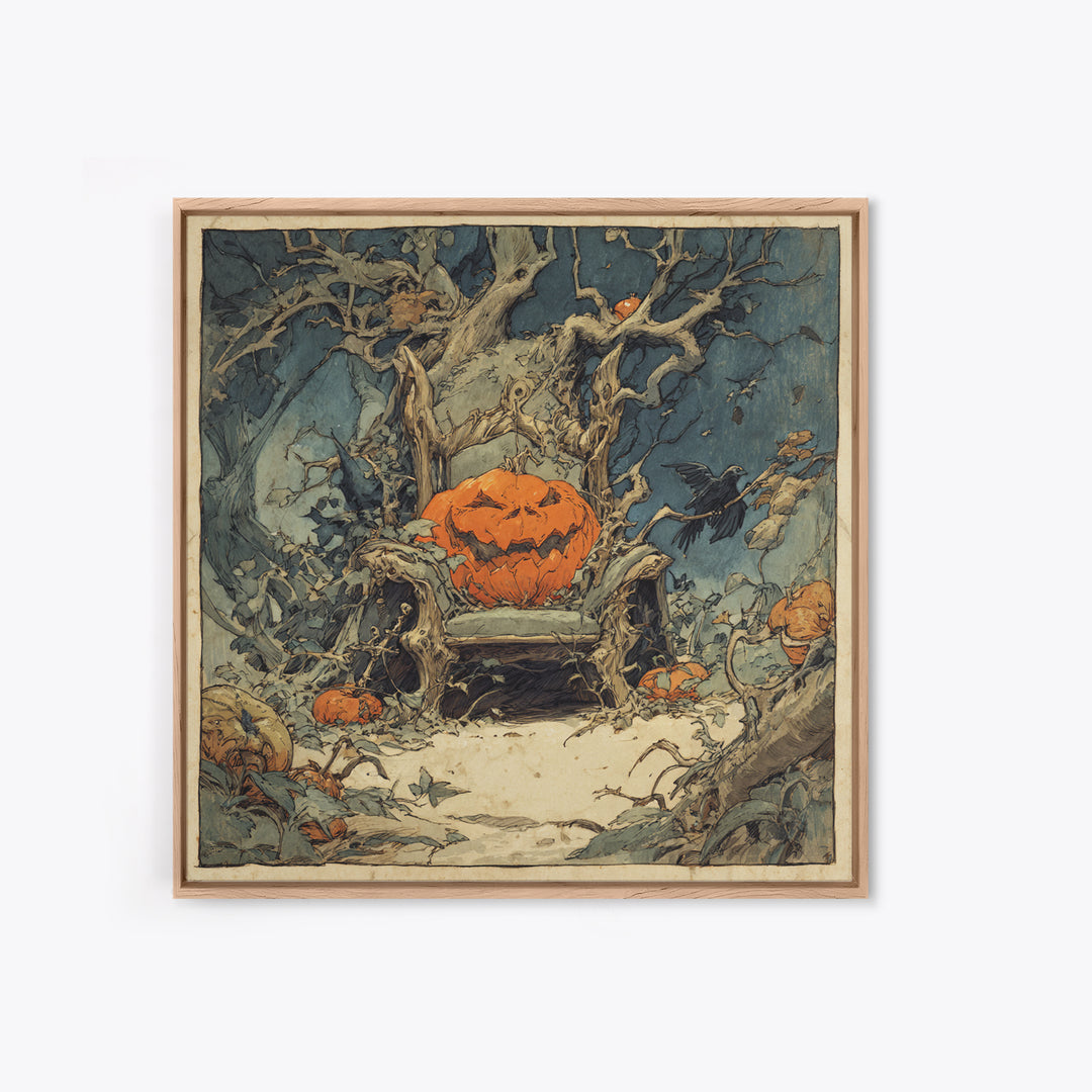 The Jack-O'-Lantern Throne, Gothic Storybook Art, Square Wall Art, Macabre Wall Art, Canvas Print, Halloween Wall Art