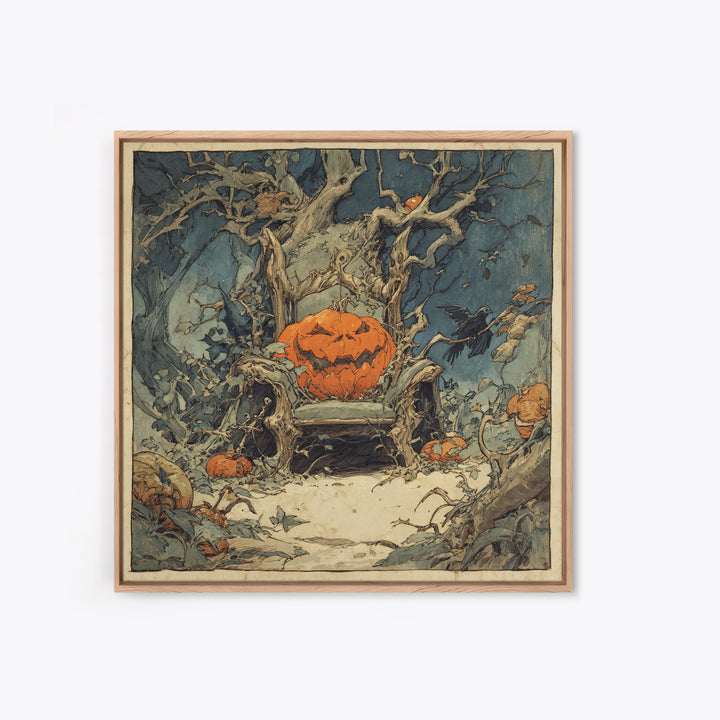 The Jack-O'-Lantern Throne, Gothic Storybook Art, Square Wall Art, Macabre Wall Art, Canvas Print, Halloween Wall Art