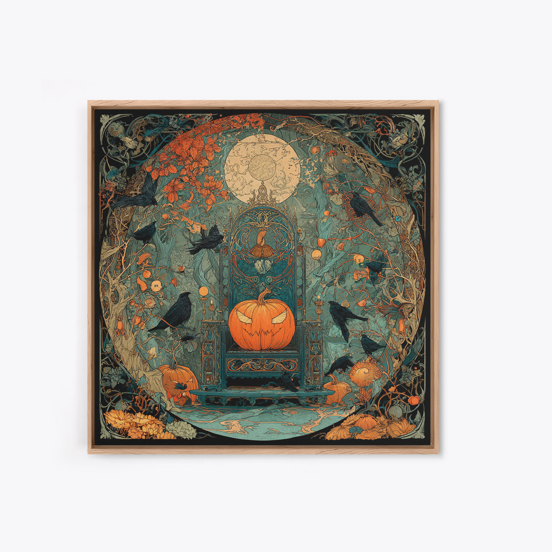 The Jack-O'-Lantern Throne, Stained Glass Gothic Art, Square Wall Art, Macabre Wall Art, Framed Canvas Print, Halloween Wall Art