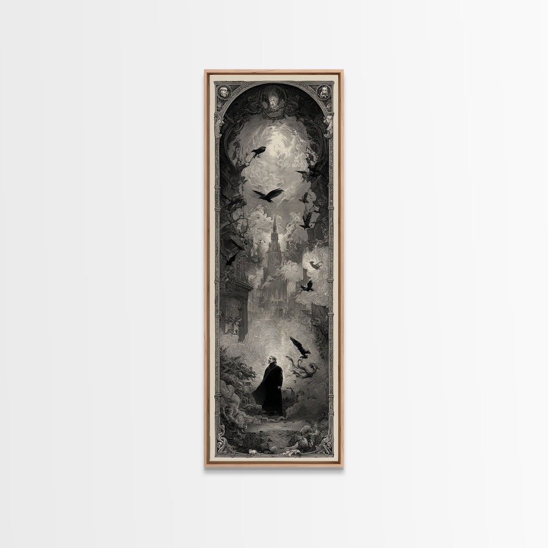 The Haunted Portrait, Gothic Engraving Art, Tall Narrow Wall Art, Dark Fantasy Wall Art, Framed Canvas Print, Halloween Wall Art